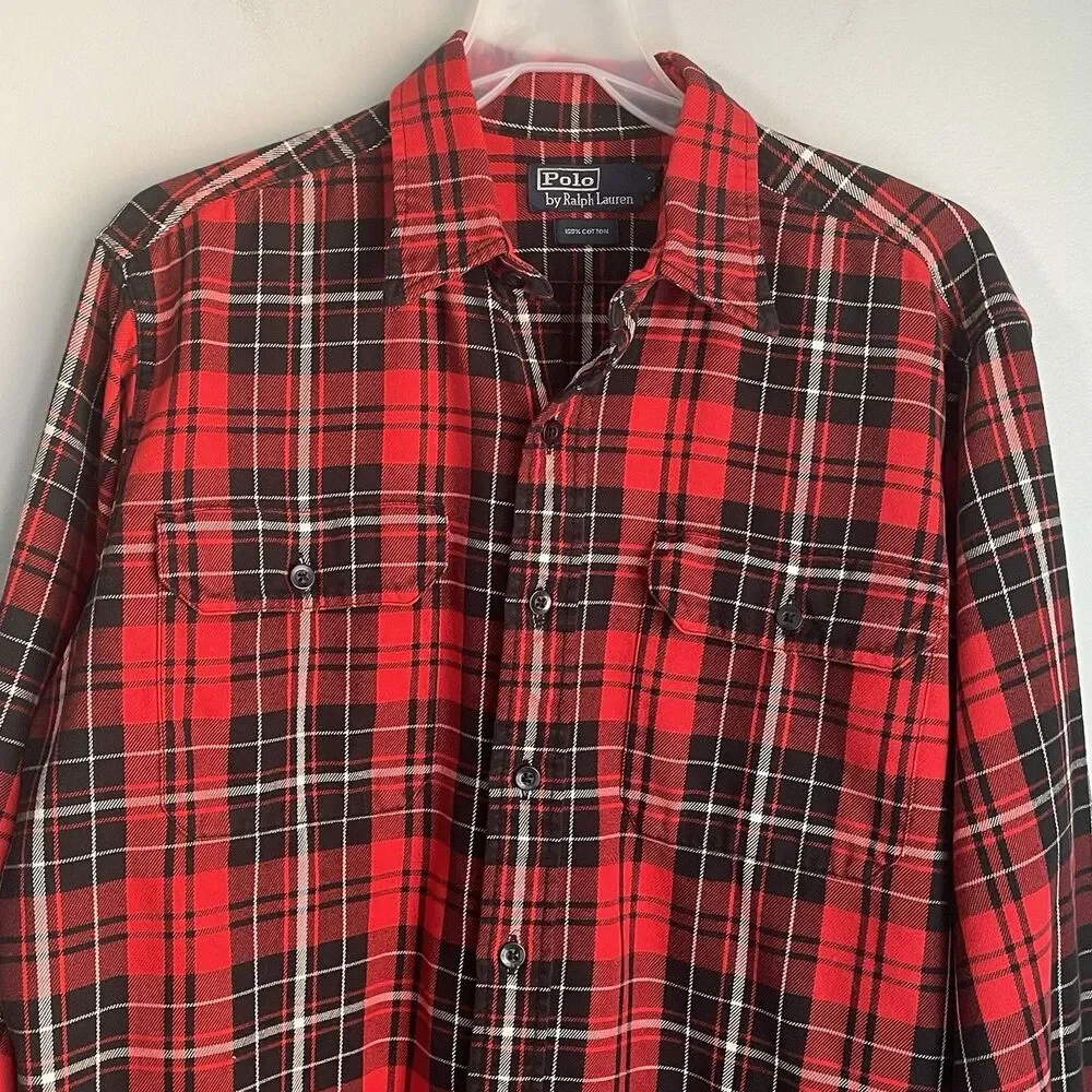 Vintage Polo Ralph Lauren Flannel Shirt Mens Sz M Red Tartan Plaid Button Up